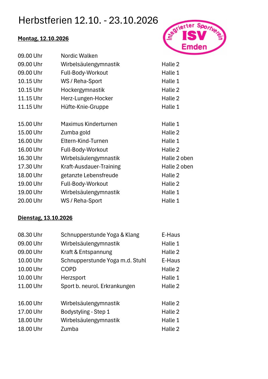 Herbstferienprogramm ISV Emden 2026